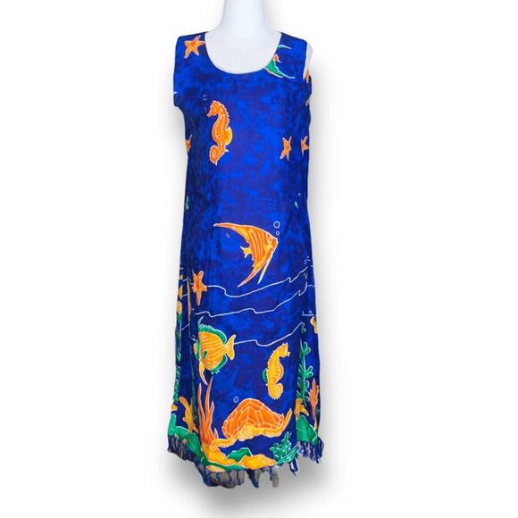 Vintage 90s In Gear Blue Ocean Fish Print Dress Tassel Hem Resort Boho Small - Picture 12 of 12